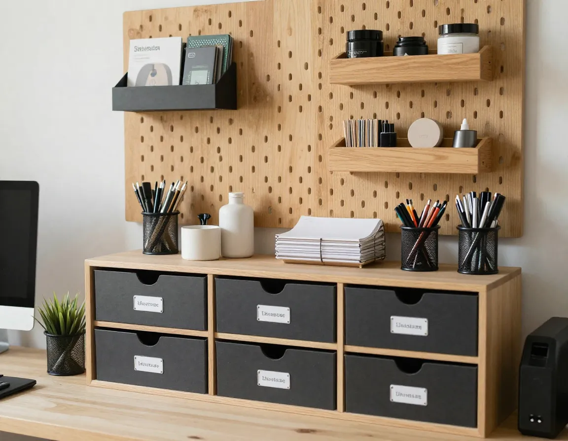 Organized home office with labeled storage solutions