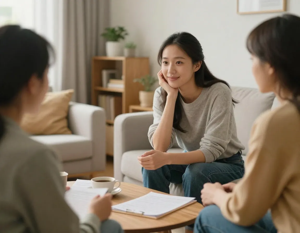 Friendly professional organizer consulting with client in organized home